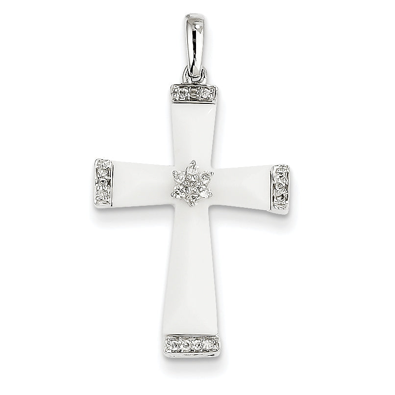 14K White Gold White Agate and Diamond Cross Pendant