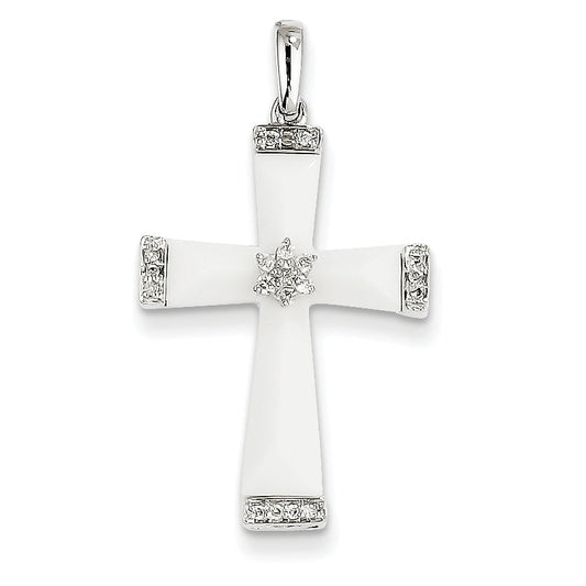 14K White Gold White Agate and Diamond Cross Pendant