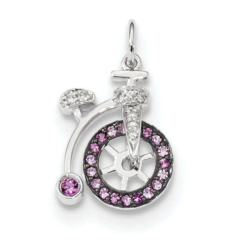 14k White Gold Diamond and Pink Sapphire Bicycle Pendant