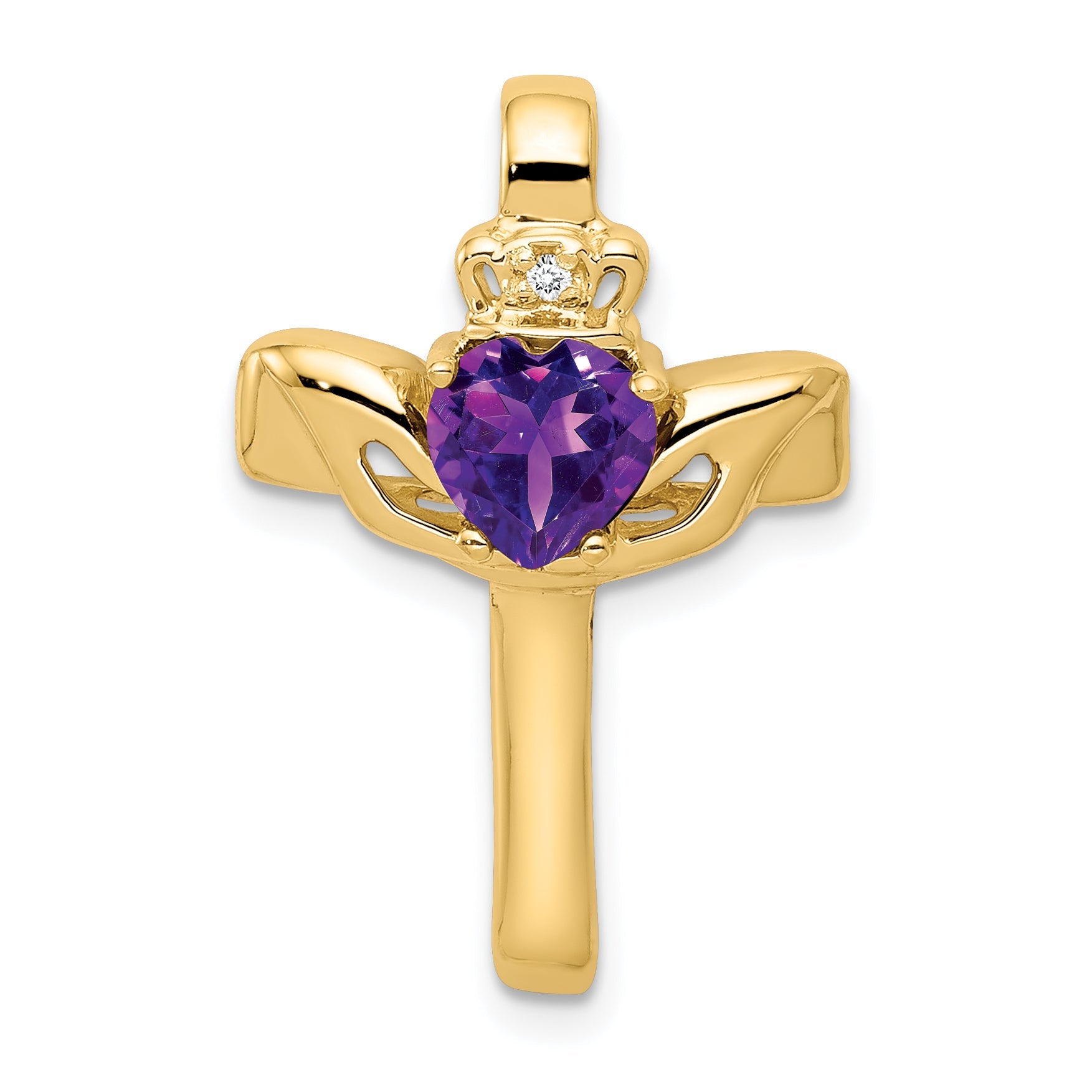 14k 6mm Claddagh Amethyst VS Diamond Cross Pendant