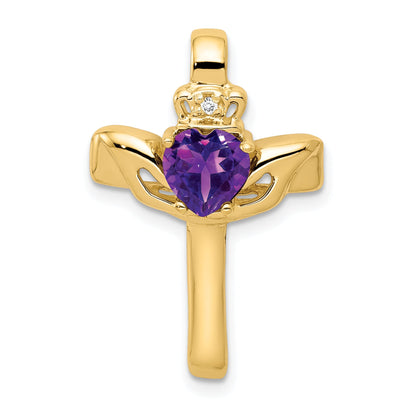 14k 6mm Claddagh Amethyst A Diamond Cross Pendant