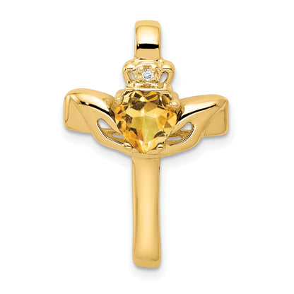 14k 6mm Claddagh Citrine A Diamond Cross Pendant