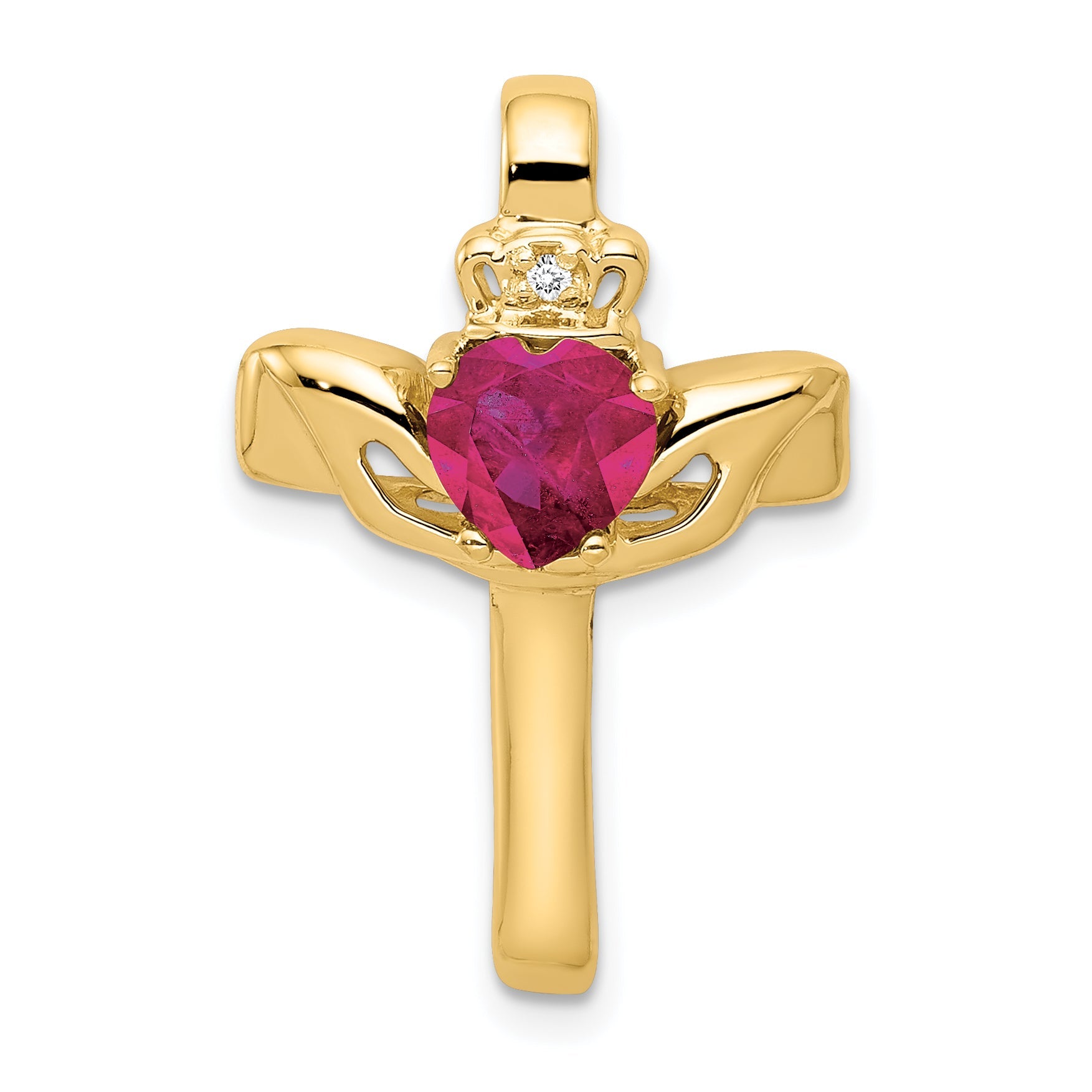 14k 6mm Claddagh Created Ruby AAA Diamond Cross Pendant