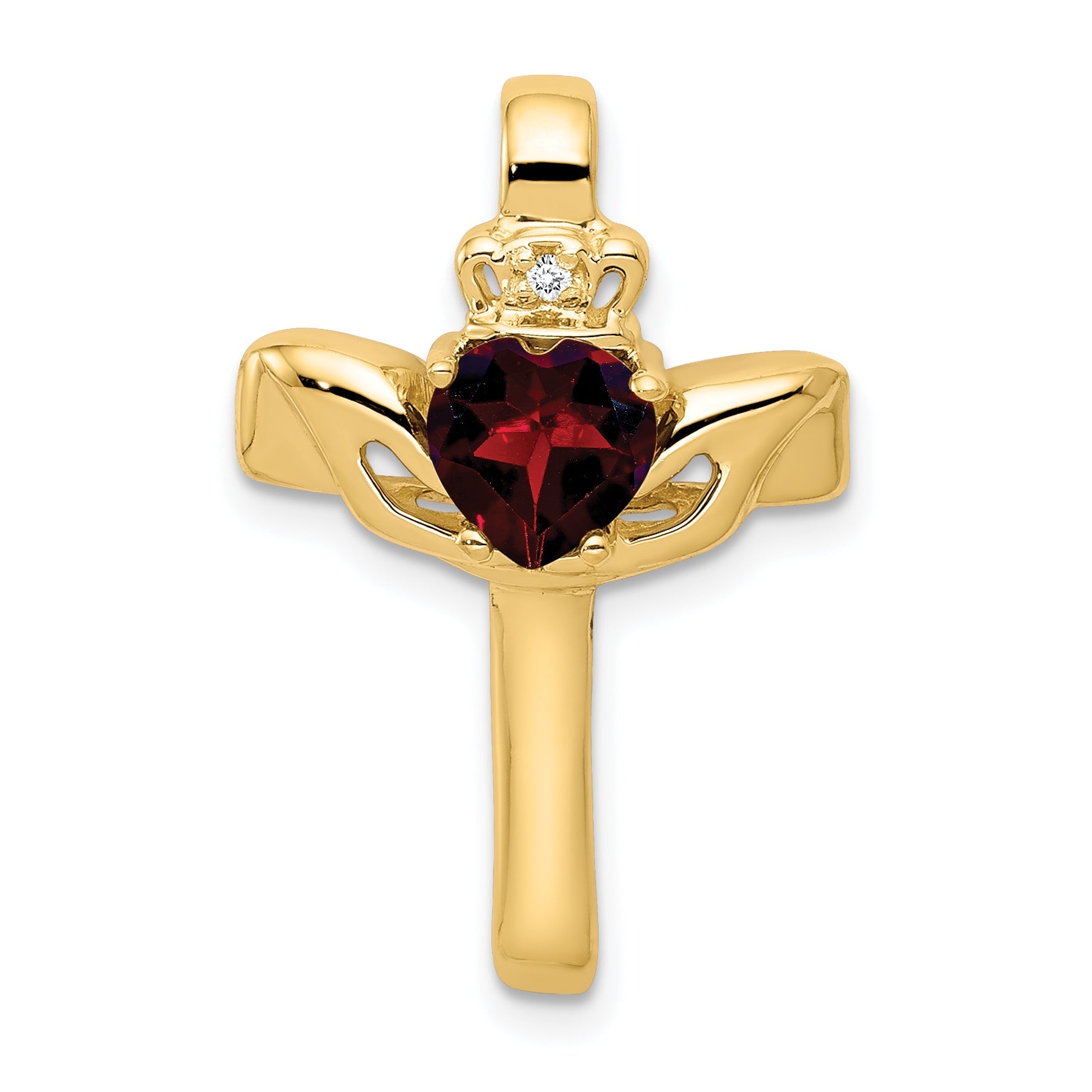 14k 6mm Claddagh Garnet A Diamond Cross Pendant