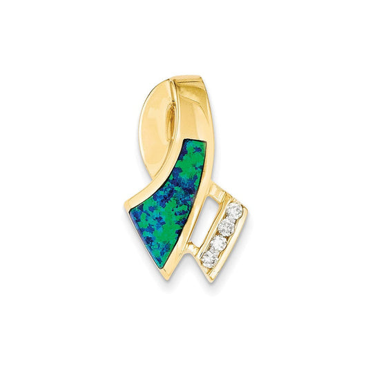 14k Yellow Gold Simulated Opal u0026 Diamond Omega Slide Pendant